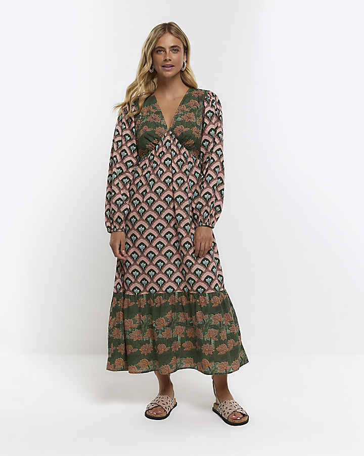 Green print long sleeve midi dress | River Island