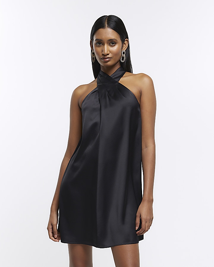 Black Halter-neck High Collar Scarf Silk Dress