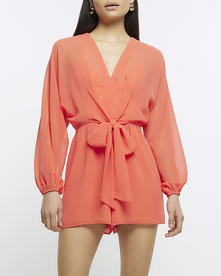 Coral chiffon balloon sleeve playsuit