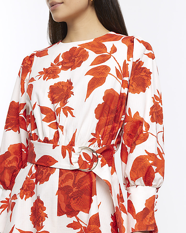 White belted floral long sleeve playsuit | River Island