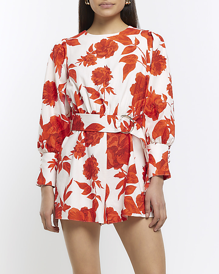 White belted floral long sleeve playsuit | River Island