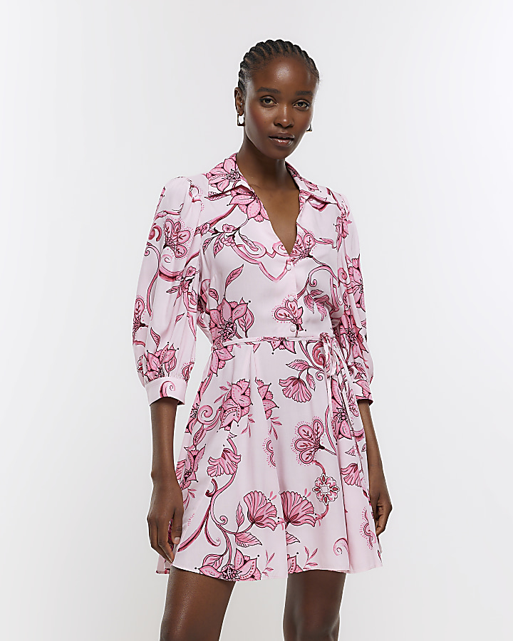 Pink floral tie waist mini shirt dress | River Island