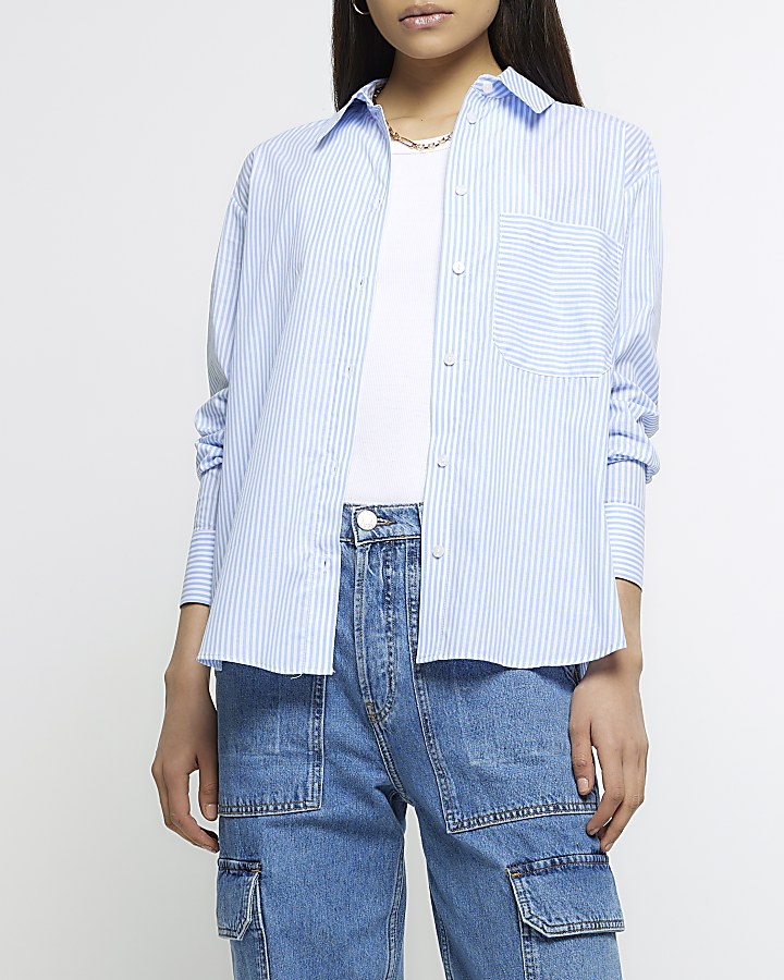 Tapered-waist poplin shirt - Blue/Striped - Ladies