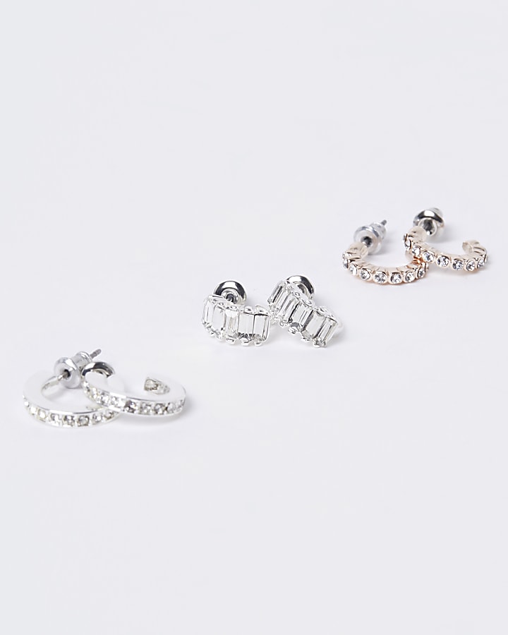Silver diamante stud and hoop earrings