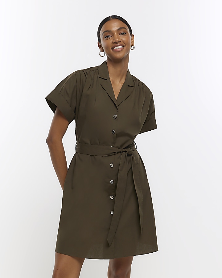 Khaki Belted Mini Shirt Dress