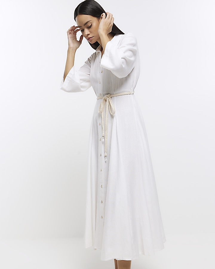 White midi shirt dress with linen | River Island