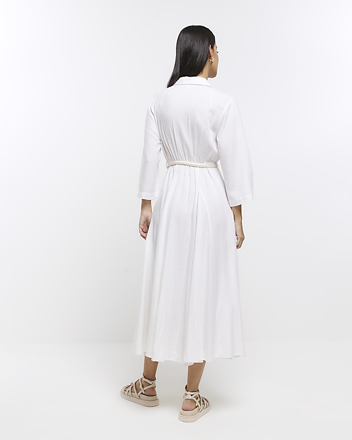 White midi shirt dress with linen