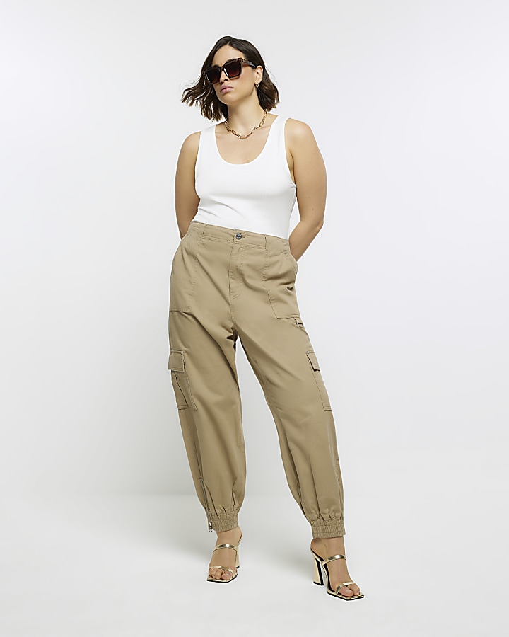 Plus beige zip cargo trousers