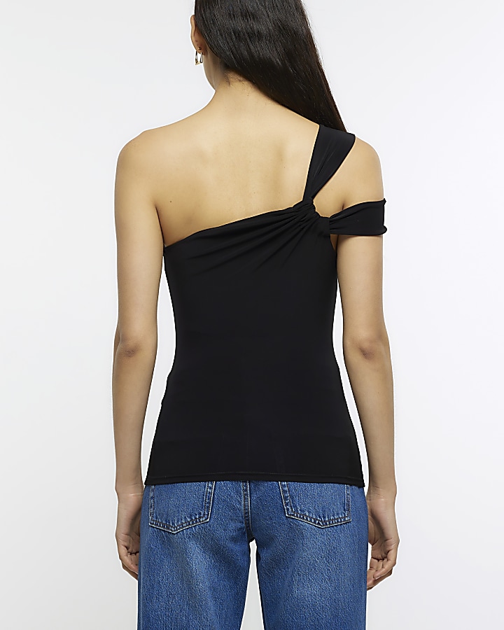 Black asymmetrical ruched one shoulder top