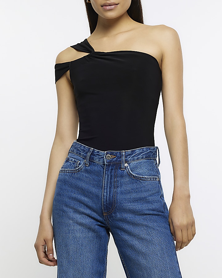 Black asymmetrical ruched one shoulder top