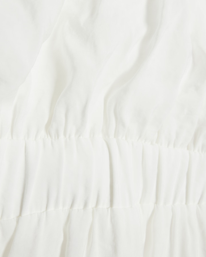 White shirred puff sleeve swing midi dress