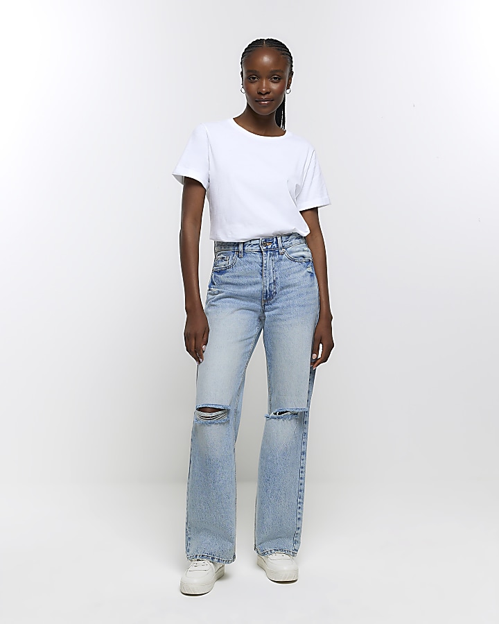 High Waisted Denim Waist Relaxed Straight Leg Pant