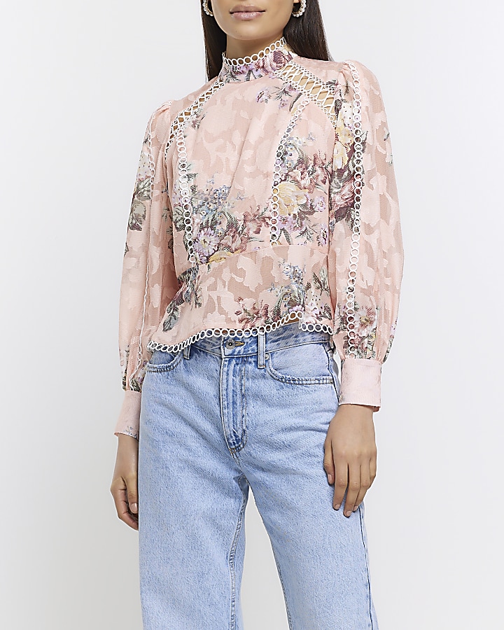 Coral floral broderie detail blouse | River Island
