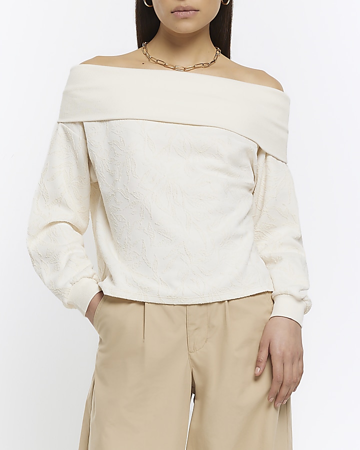 Ecru textured bardot sweatshirt