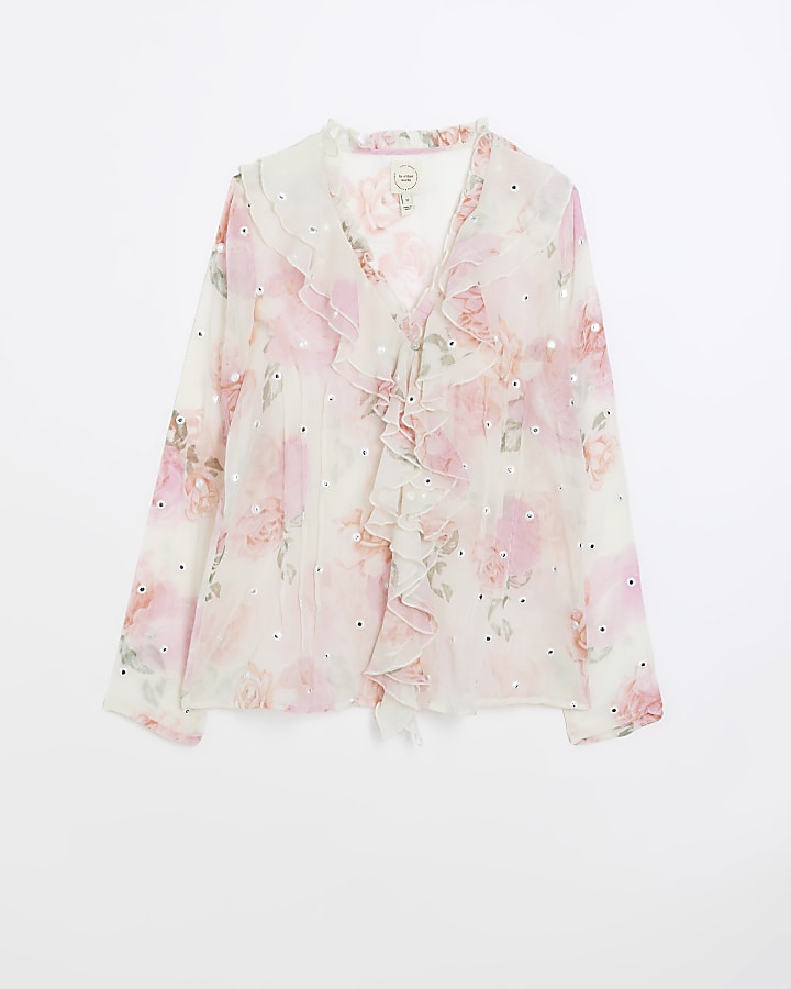 Pink chiffon floral frill blouse