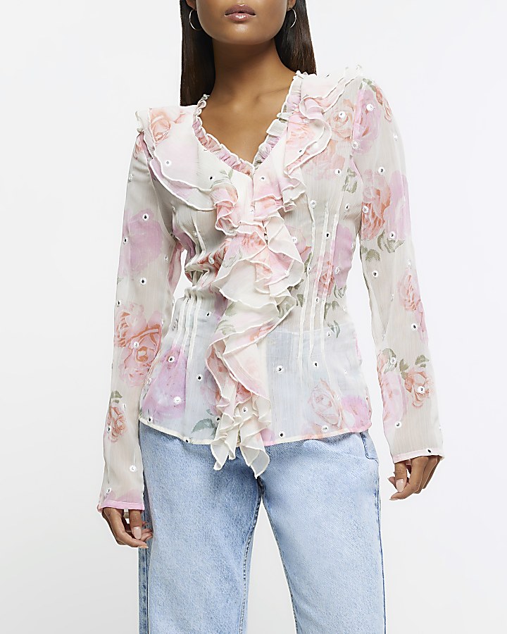 Pink chiffon floral frill blouse