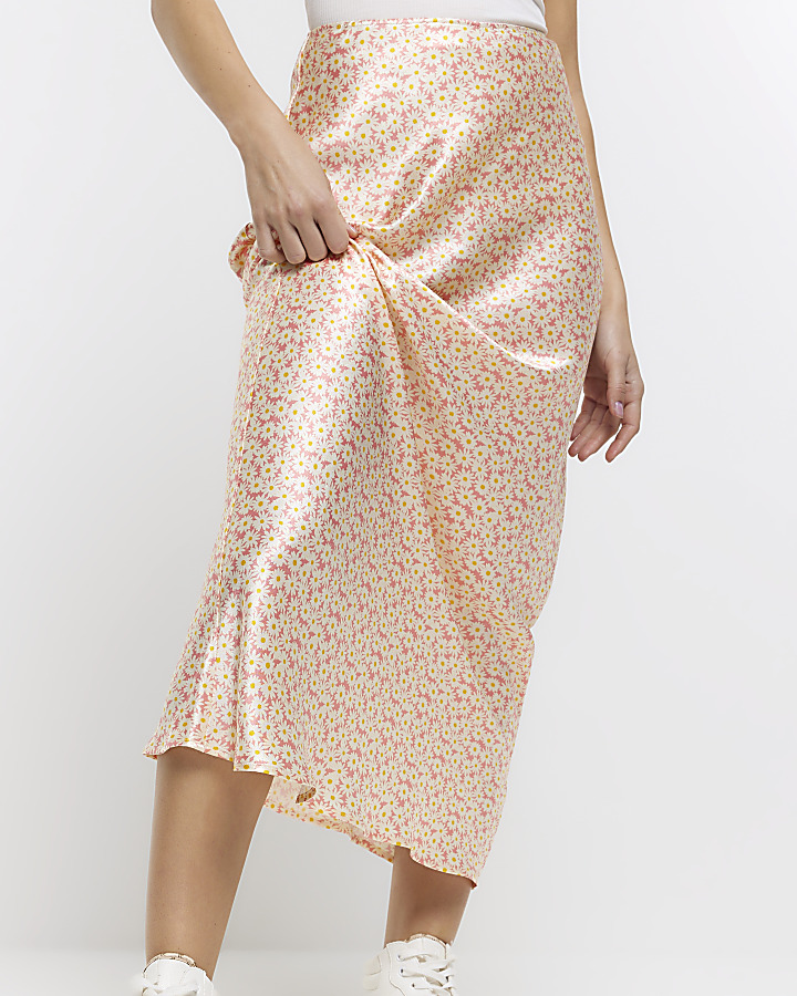 Pink floral satin maxi skirt