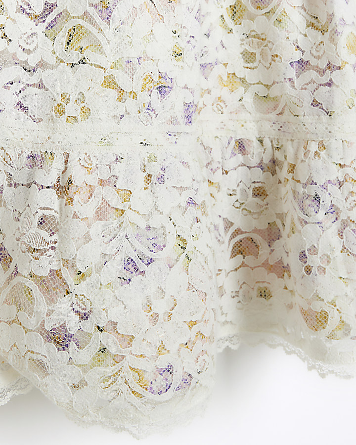 Cream floral print lace smock mini dress | River Island