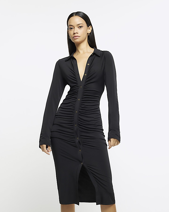 Black Midi Shirt dress River Island