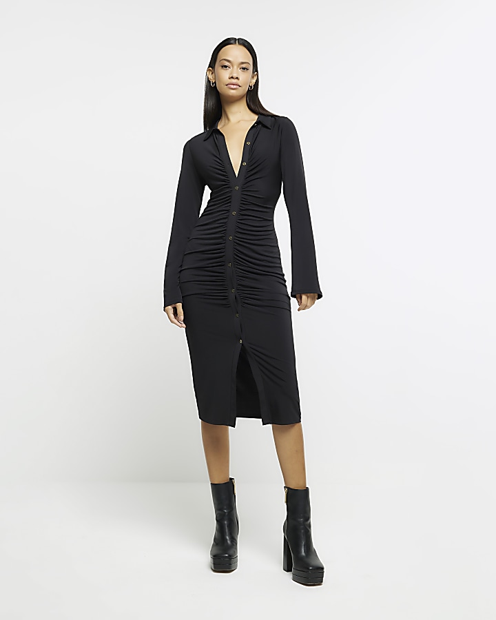 Black Midi Shirt dress River Island