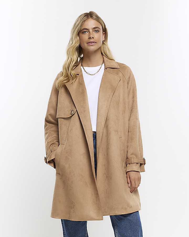 Brown suedette longline trench coat