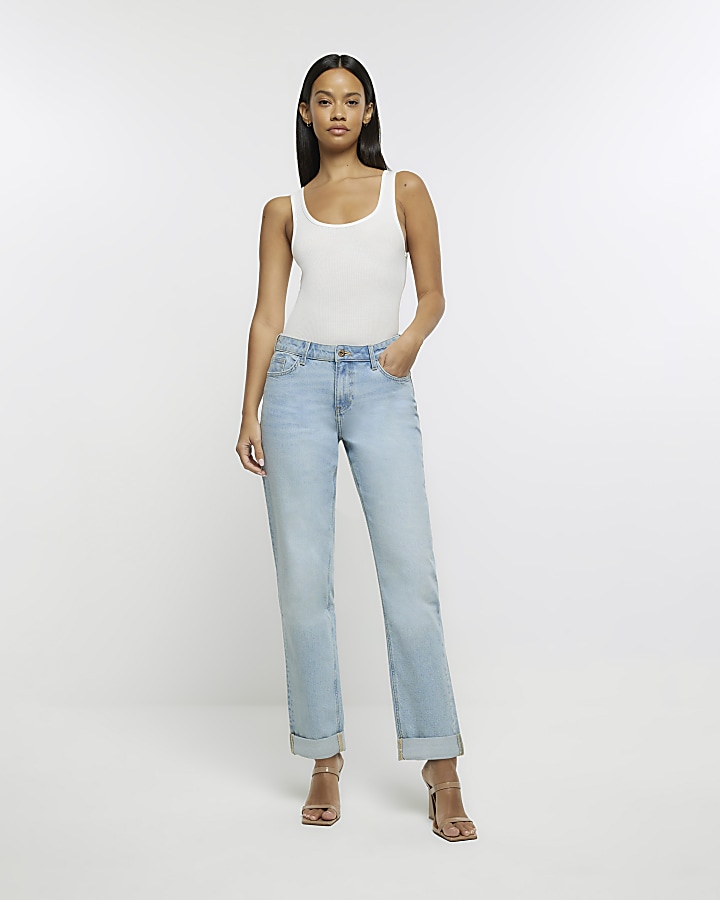 Blue mid rise straight relaxed jeans