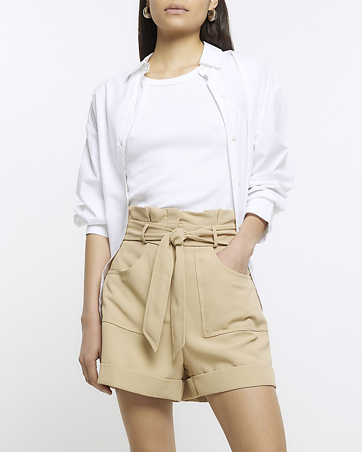 Beige Tie Front High Waisted Shorts