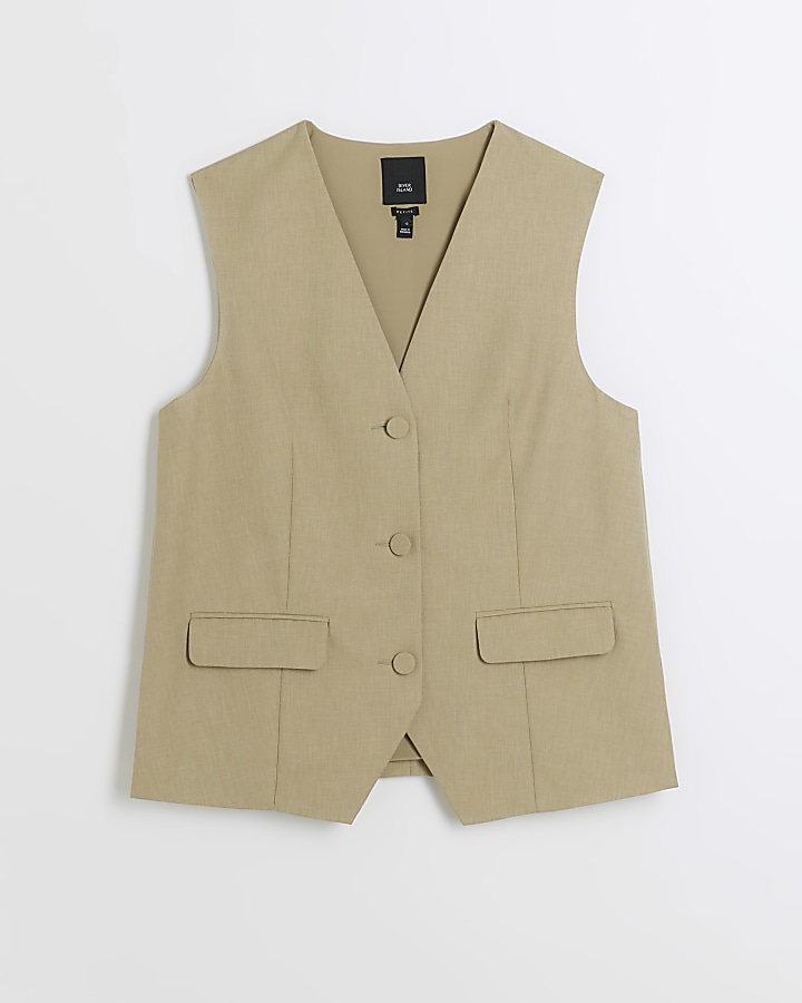 Petite khaki minimal button up waistcoat | River Island