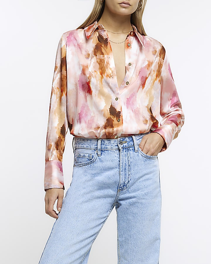 Pink satin abstract oversized shirt