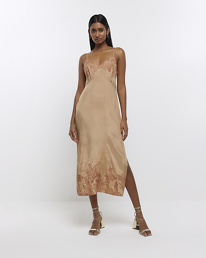 Beige lace slip midi dress