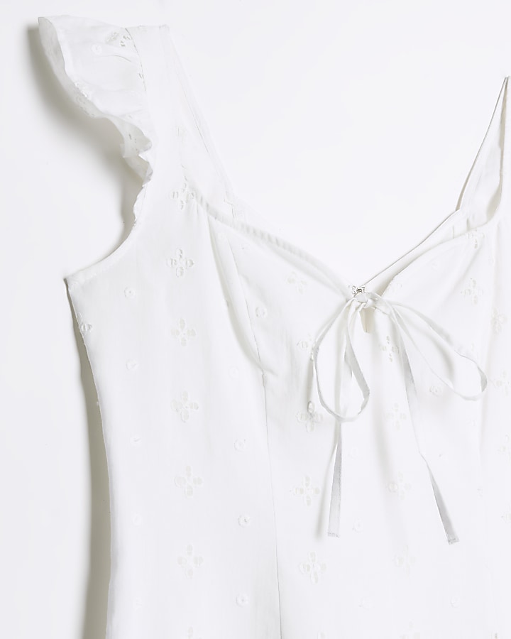 White embroidered frill bodycon midi dress