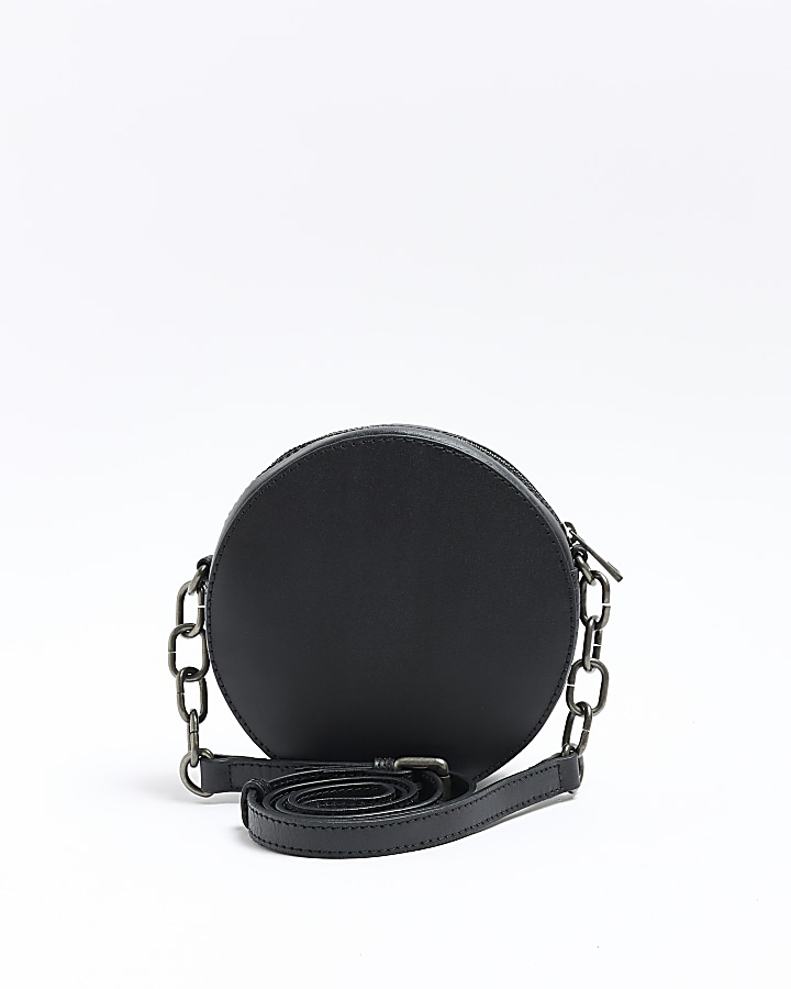 Black leather round cross body bag River Island