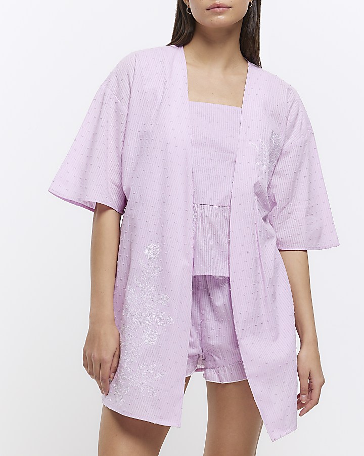 Purple embroidered wrap kimono