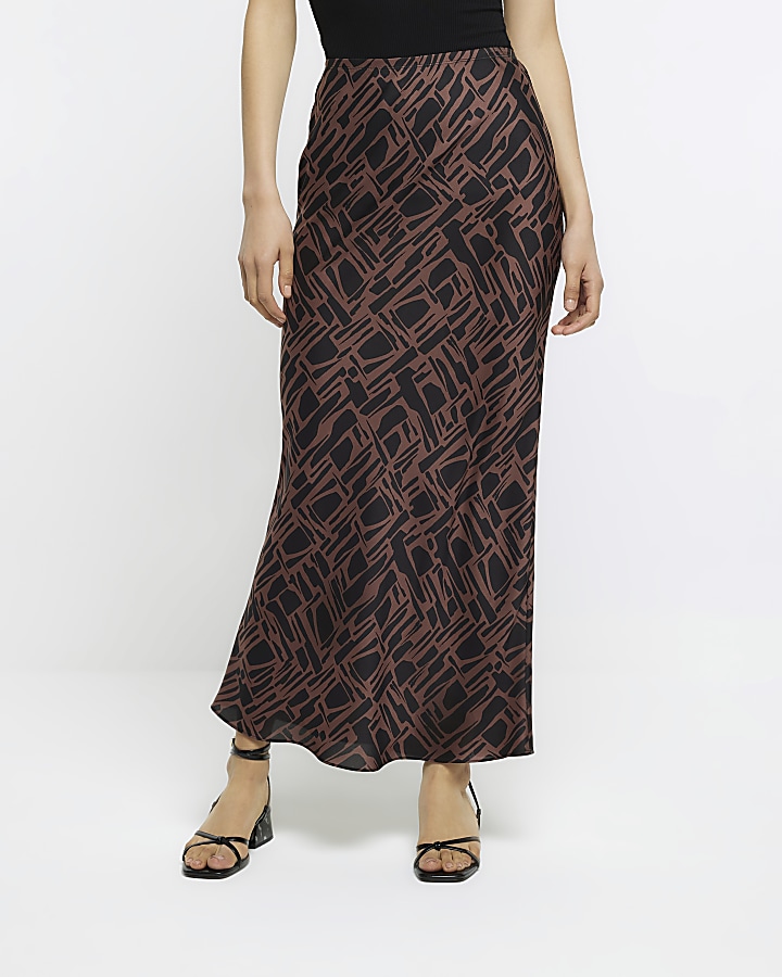 Brown satin geometric maxi skirt