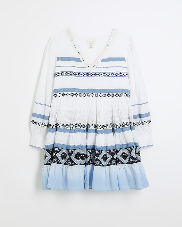 Blue stripe embroidered smock mini dress