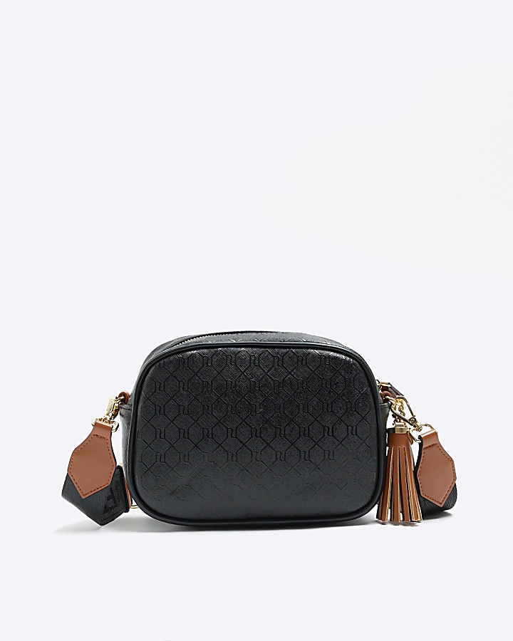 Black monogram cross body bag River Island