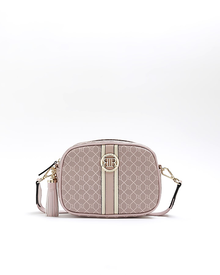 Pink RI monogram cross body bag River Island