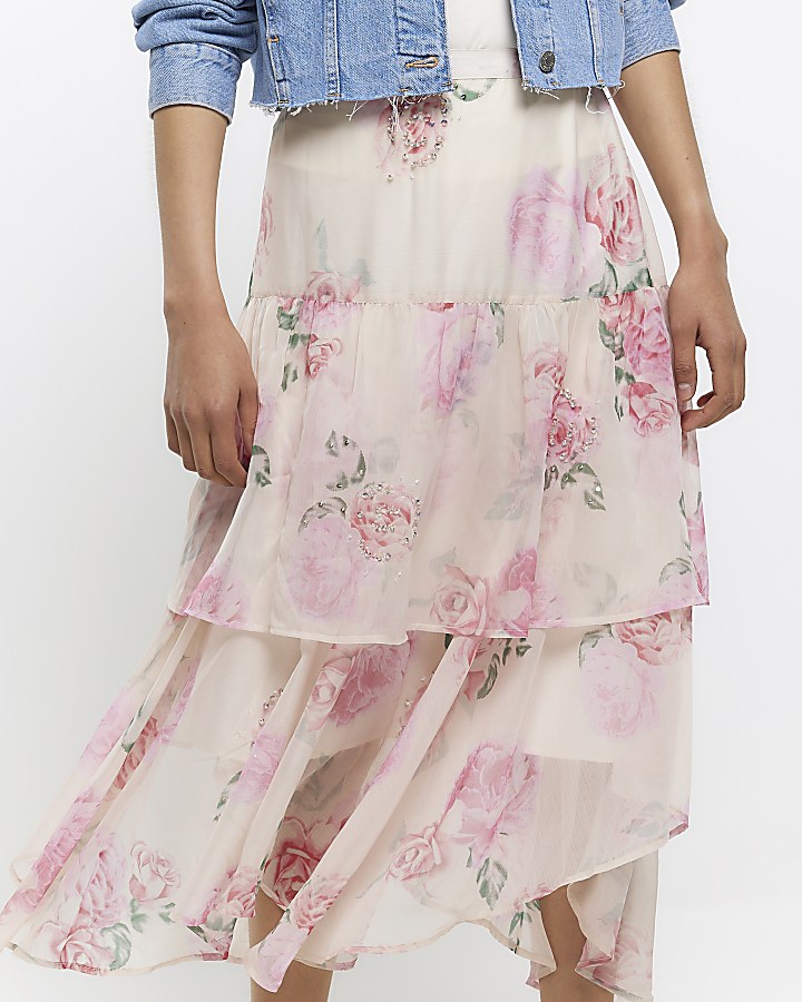 Pink floral tiered midi skirt
