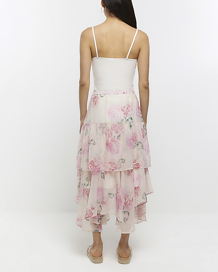 Pink floral tiered midi skirt
