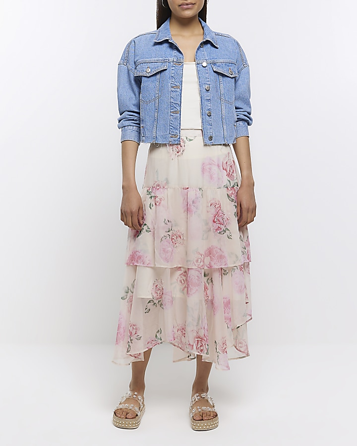 Pink floral tiered midi skirt | River Island