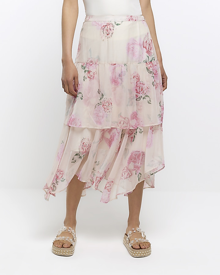 Pink floral tiered midi skirt | River Island