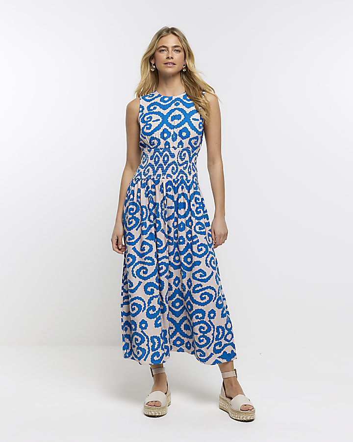 Blue print midi dress with linen