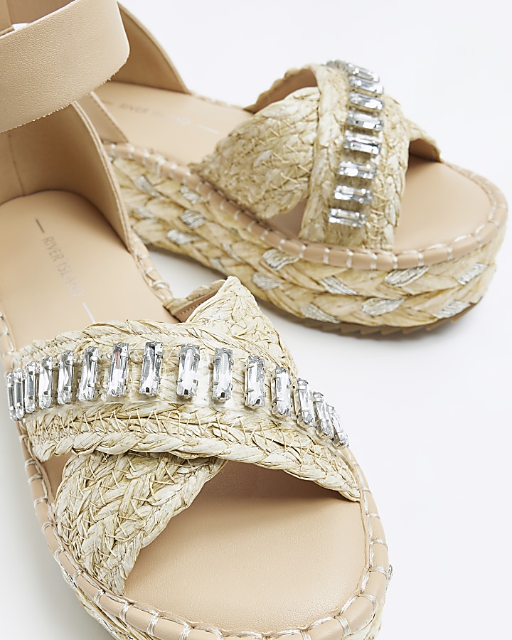 Beige embellished wedge sandals