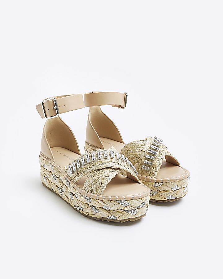 Beige embellished wedge sandals
