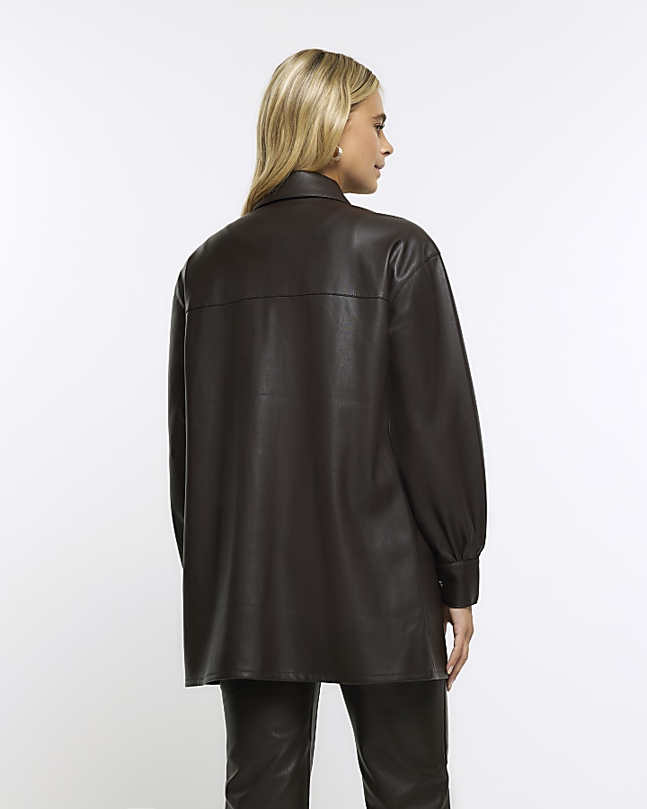 Brown faux leather shacket