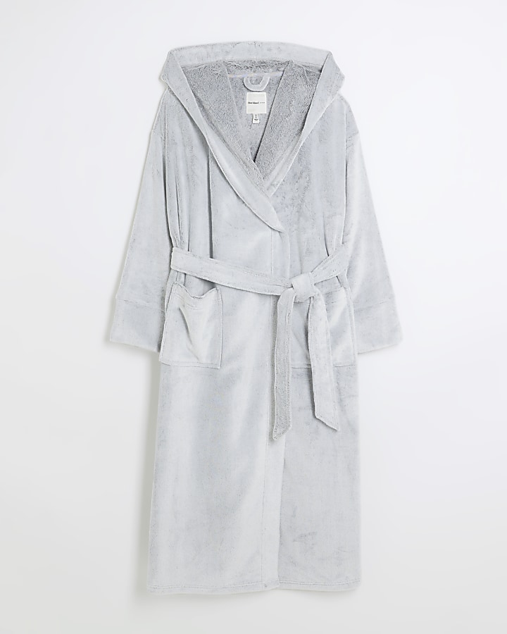 Grey fluffy hooded dressing gown