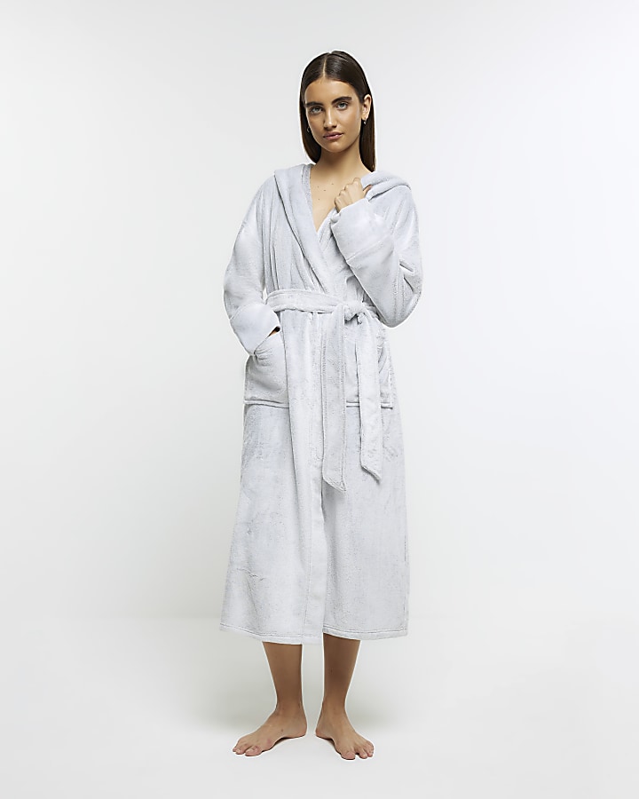 Grey fluffy hooded dressing gown River Island