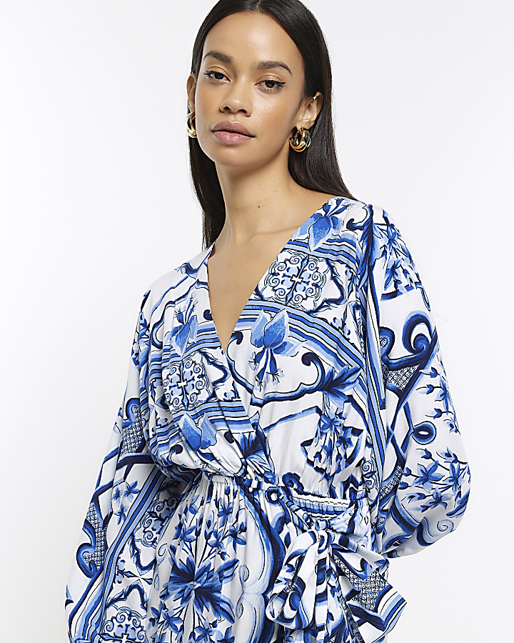 Blue patterned kimono wrap midi dress