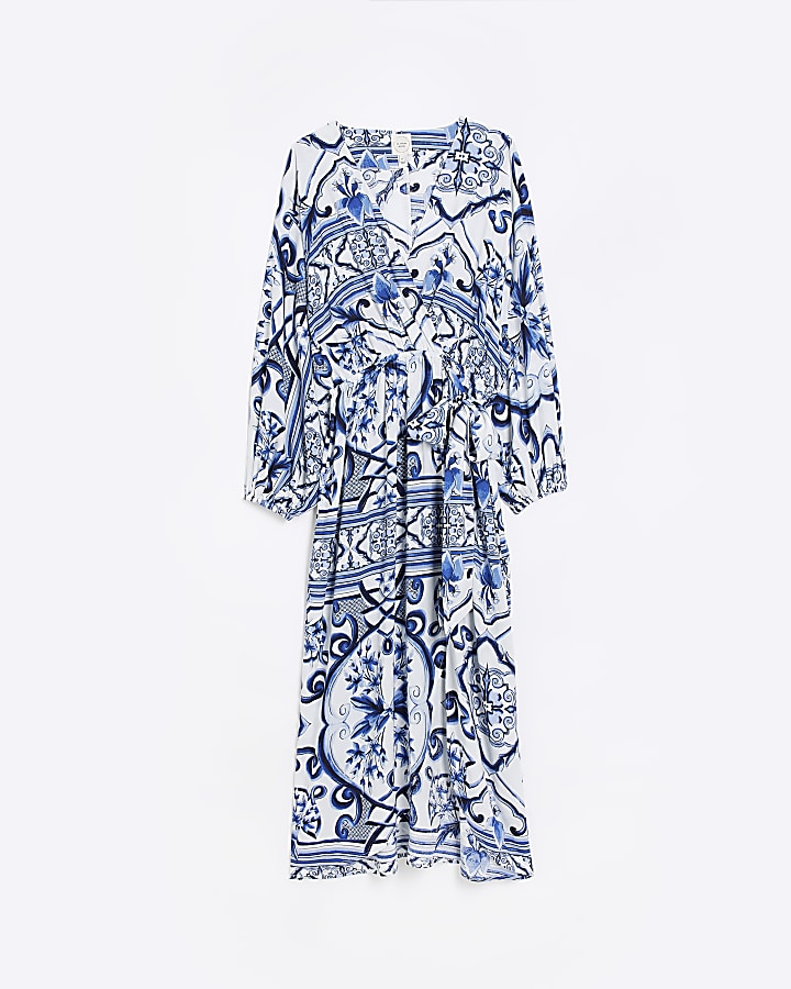 Blue patterned kimono wrap midi dress