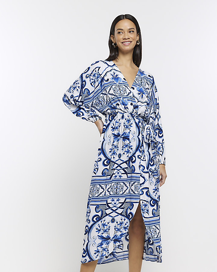 Blue patterned kimono wrap midi dress | River Island